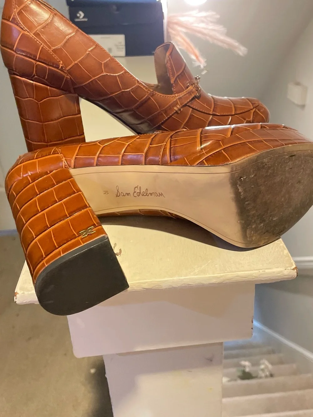 Sam Edelman Brown Croc-Embossed Leather Platform Size 10